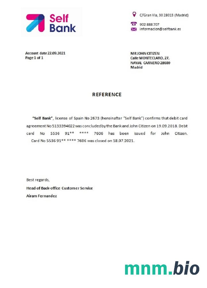 Przykład odniesienia do zamknięcia banku w Hiszpanii w formatach Word i PDF